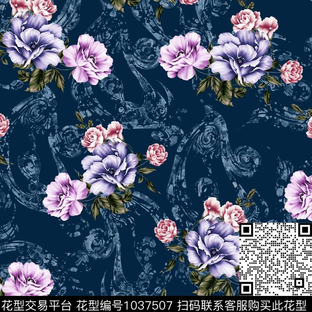 黑底花卉抽象花卉数码印花华亿平台下载（图片编号: 1037507） - 瓦栏（Walan）