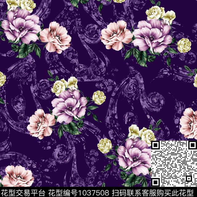 黑底花卉抽象花卉数码印花华亿平台下载（图片编号: 1037508） - 瓦栏（Walan）