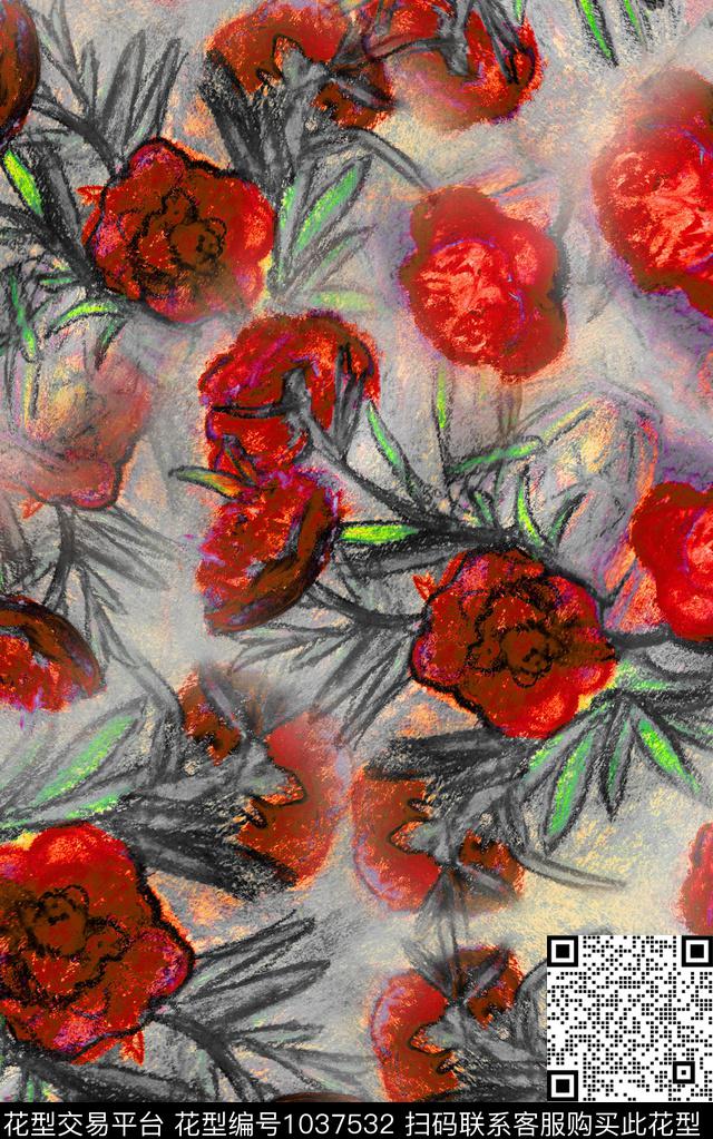 花卉笔触中老年数码印花华亿平台下载（图片编号: 1037532） - 瓦栏（Walan）
