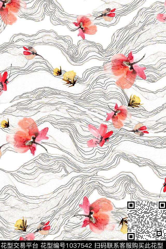 线条水彩花卉手绘花卉数码印花华亿平台下载（图片编号: 1037542） - 瓦栏（Walan）