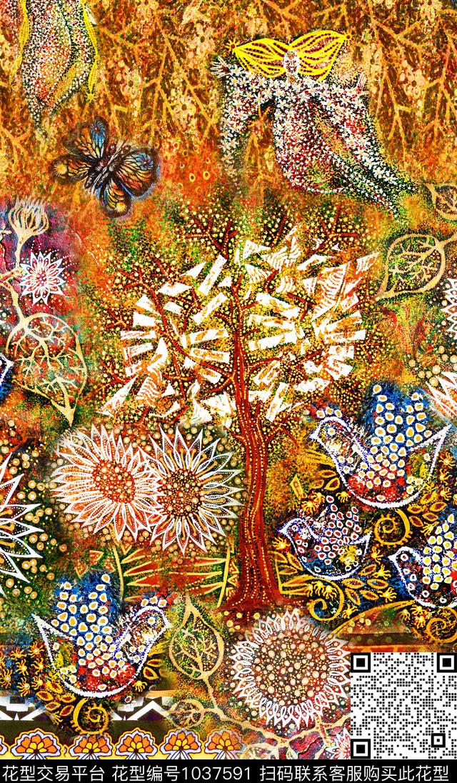 民族风树定位花数码印花华亿平台下载（图片编号: 1037591） - 瓦栏（Walan）