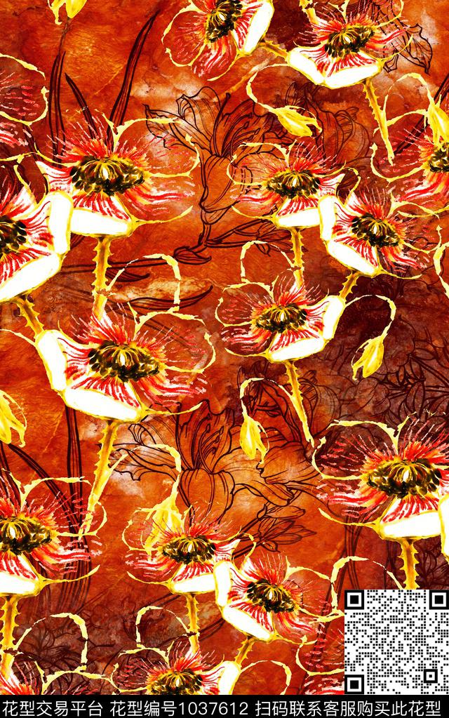 花卉中老年油画笔触数码印花华亿平台下载（图片编号: 1037612） - 瓦栏（Walan）