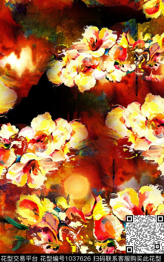 肌理中老年笔触花卉数码印花华亿平台下载（图片编号: 1037626） - 瓦栏（Walan）