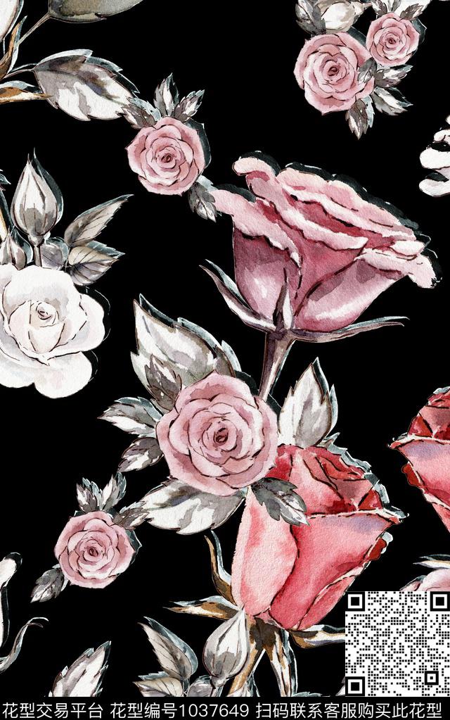 大花手绘花卉大牌风数码印花华亿平台下载（图片编号: 1037649） - 瓦栏（Walan）