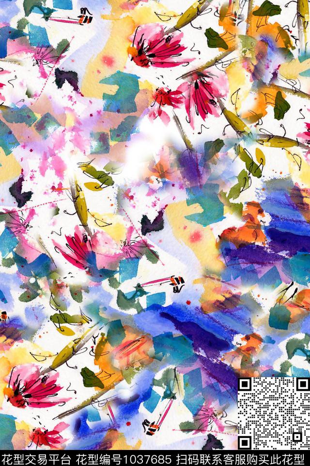 抽象花卉植物水彩花卉数码印花华亿平台下载（图片编号: 1037685） - 瓦栏（Walan）