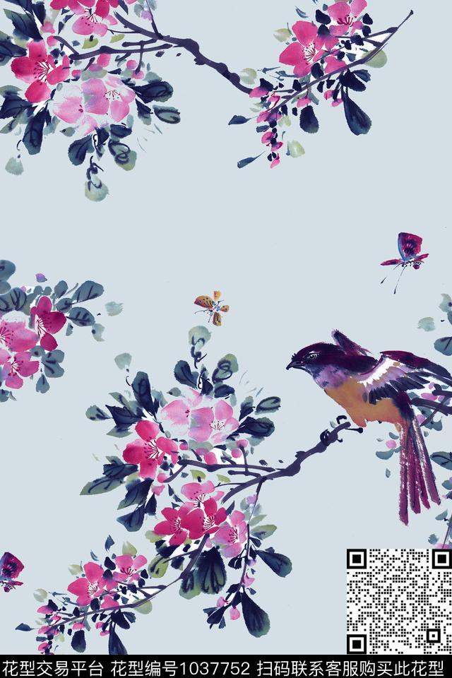 鸟/昆虫花卉树枝数码印花华亿平台下载（图片编号: 1037752） - 瓦栏（Walan）