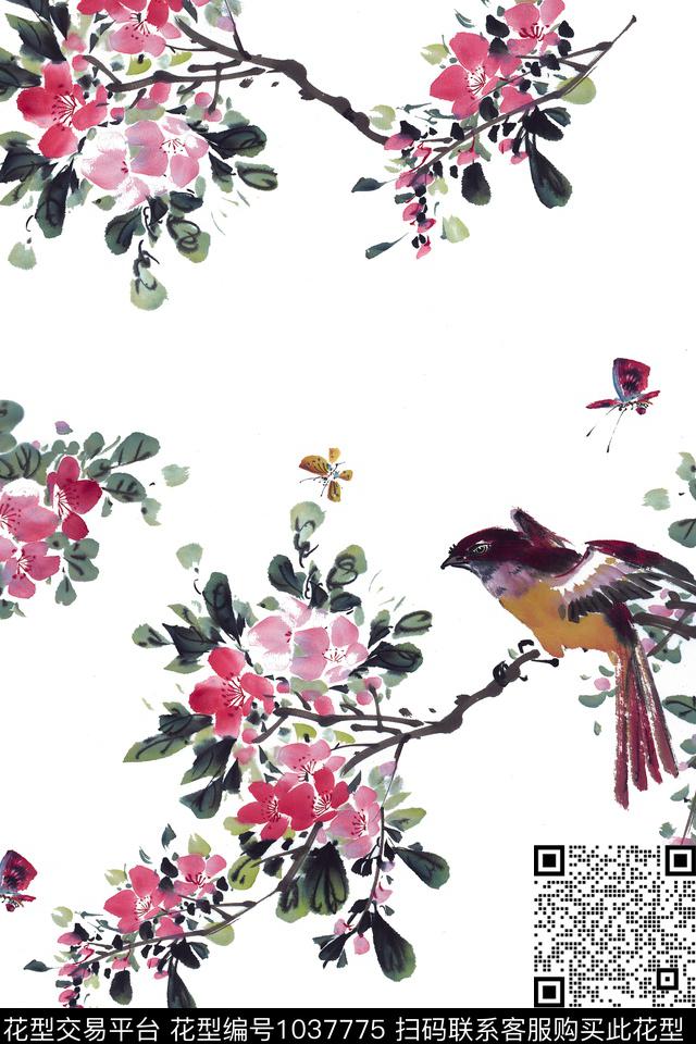 鸟/昆虫花卉树枝数码印花华亿平台下载（图片编号: 1037775） - 瓦栏（Walan）