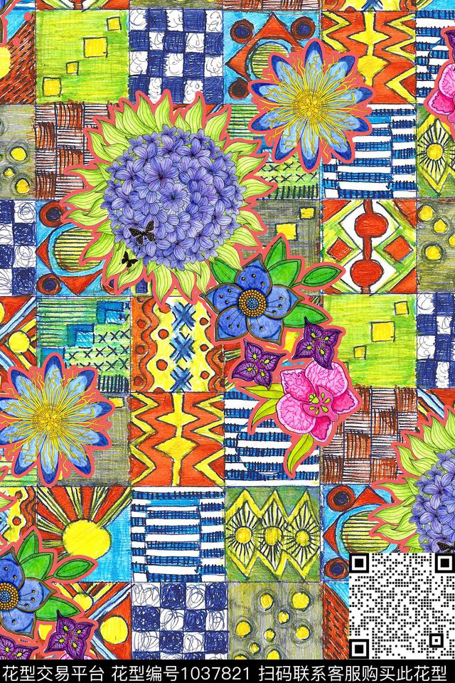 格子花卉几何数码印花华亿平台下载（图片编号: 1037821） - 瓦栏（Walan）