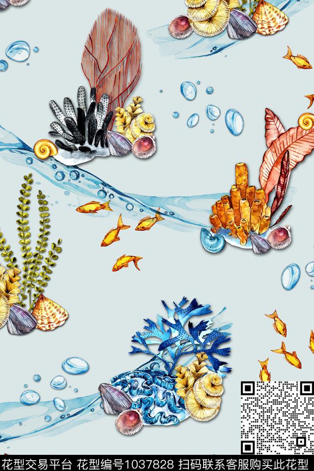 贝壳热带鱼海藻数码印花华亿平台下载（图片编号: 1037828） - 瓦栏（Walan）