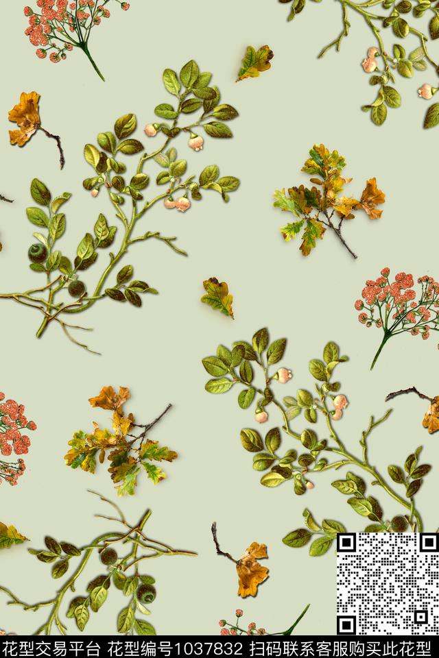 树枝年轻女性手绘花卉数码印花华亿平台下载（图片编号: 1037832） - 瓦栏（Walan）
