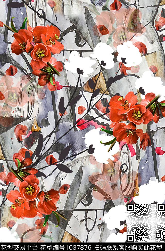 水彩花卉花卉几何纹理数码印花华亿平台下载（图片编号: 1037876） - 瓦栏（Walan）