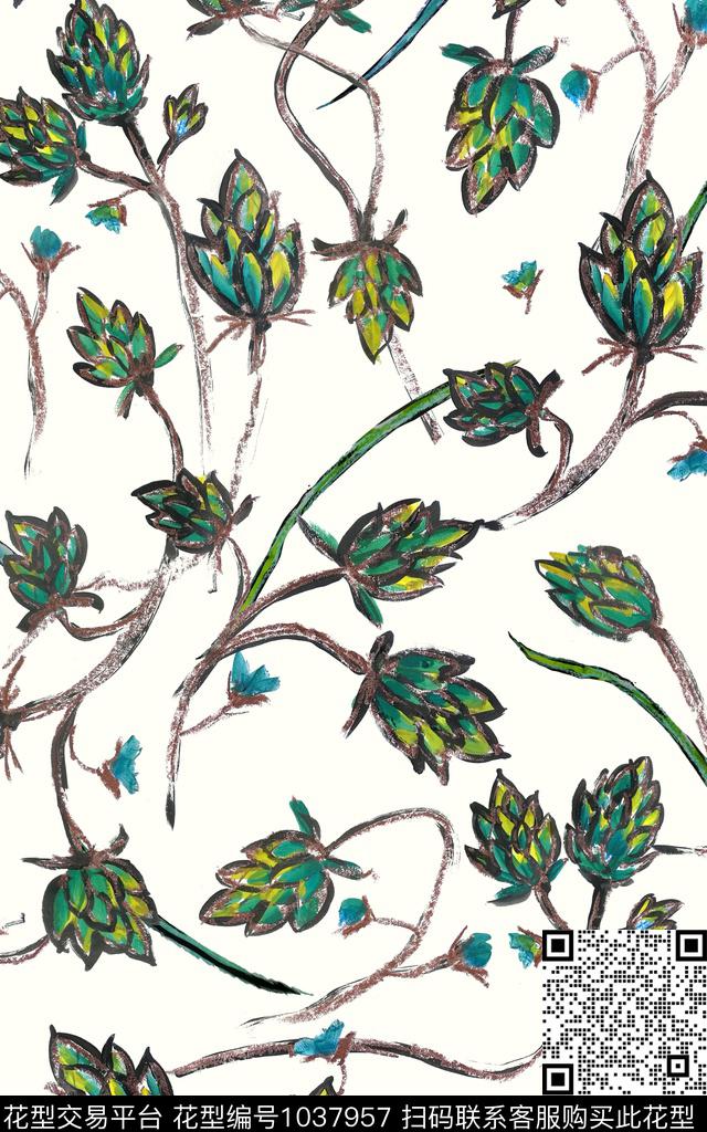 花卉笔触线条画数码印花华亿平台下载（图片编号: 1037957） - 瓦栏（Walan）