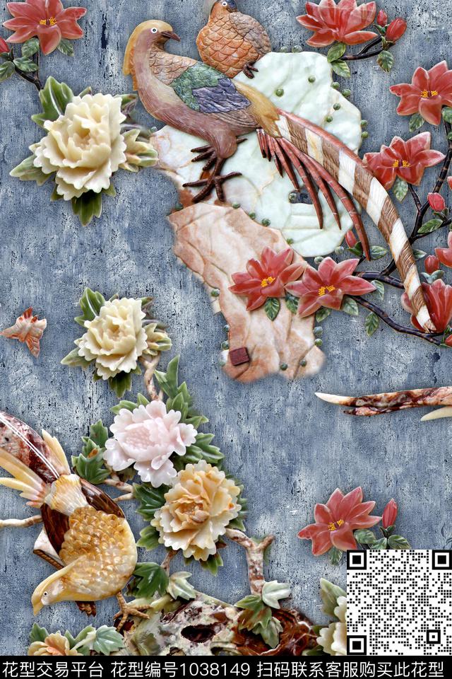 雕塑花卉孔雀数码印花华亿平台下载（图片编号: 1038149） - 瓦栏（Walan）