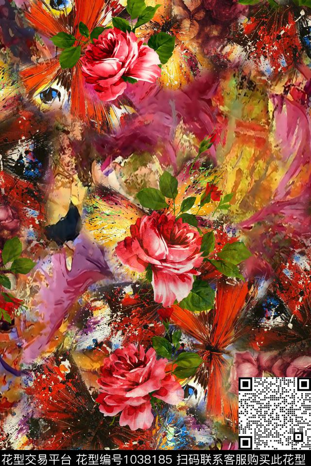 彩底花卉抽象蝴蝶数码印花华亿平台下载（图片编号: 1038185） - 瓦栏（Walan）