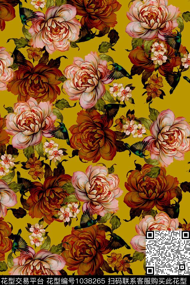 数码华亿平台水彩花卉绿植树叶数码印花华亿平台下载（图片编号: 1038265） - 瓦栏（Walan）