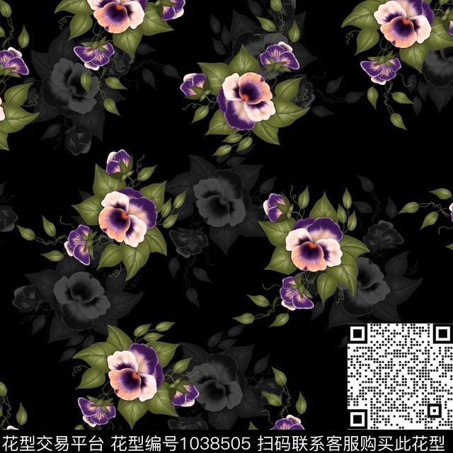 黑底花卉抽象花卉数码印花华亿平台下载（图片编号: 1038505） - 瓦栏（Walan）