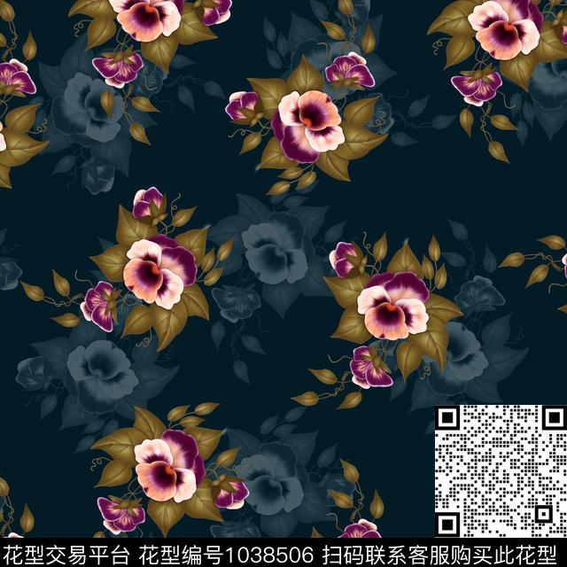 黑底花卉抽象花卉数码印花华亿平台下载（图片编号: 1038506） - 瓦栏（Walan）