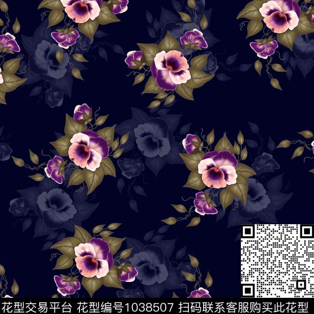 黑底花卉抽象花卉数码印花华亿平台下载（图片编号: 1038507） - 瓦栏（Walan）