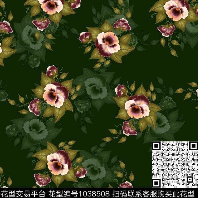 黑底花卉抽象花卉数码印花华亿平台下载（图片编号: 1038508） - 瓦栏（Walan）