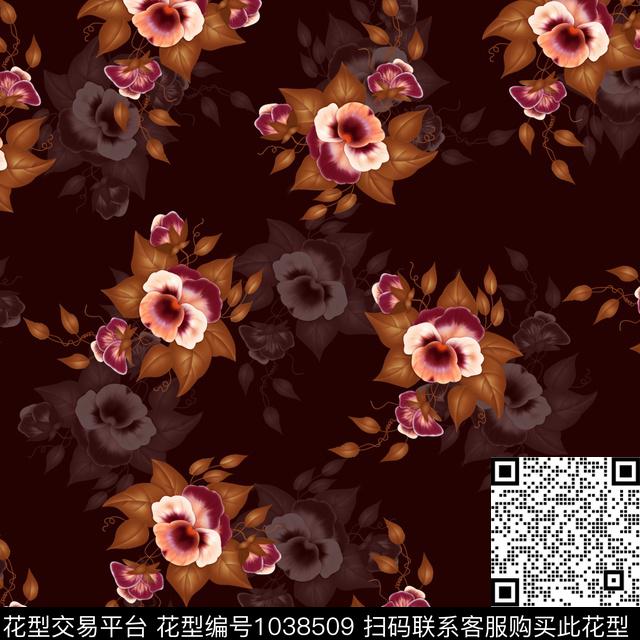 黑底花卉抽象花卉数码印花华亿平台下载（图片编号: 1038509） - 瓦栏（Walan）