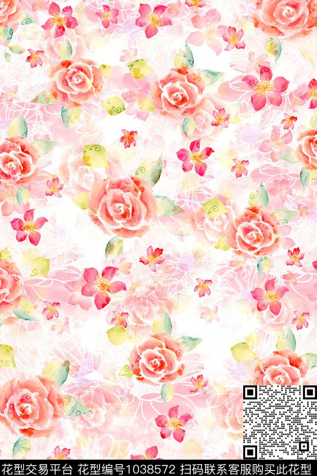 春夏华亿平台田园水彩花卉数码印花华亿平台下载（图片编号: 1038572） - 瓦栏（Walan）