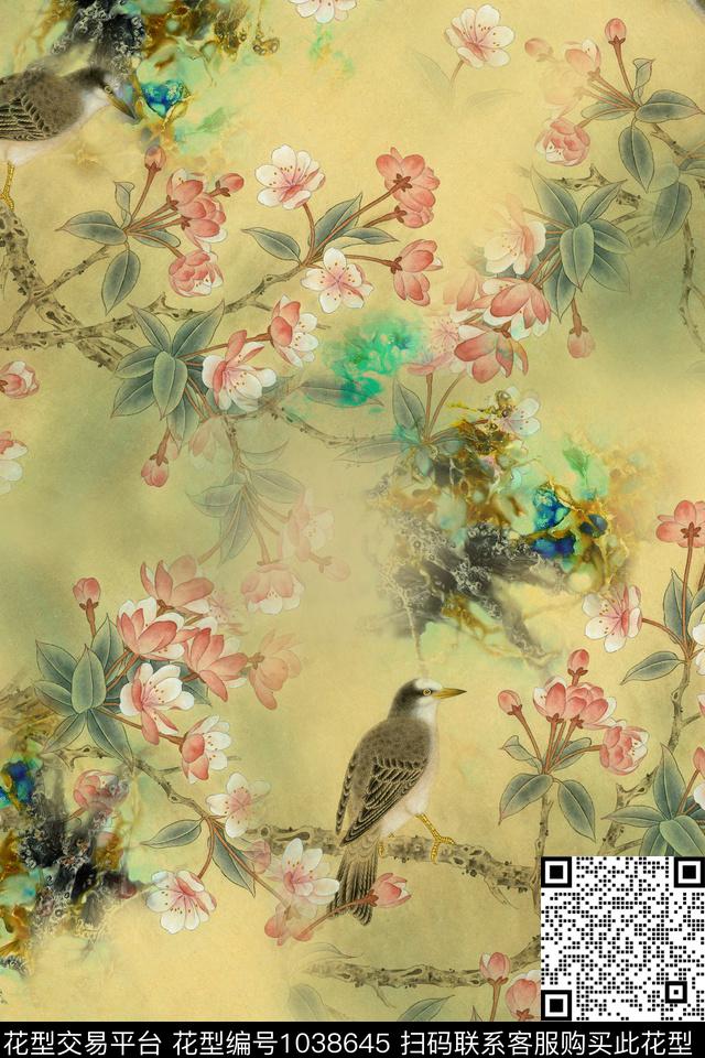 鸟花卉中国风数码印花华亿平台下载（图片编号: 1038645） - 瓦栏（Walan）