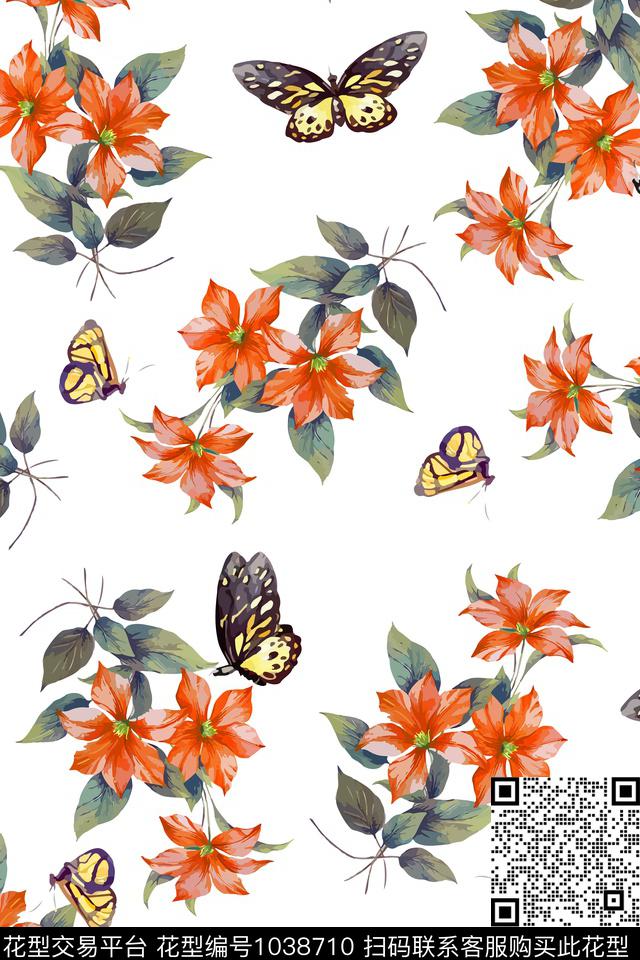 花卉蝴蝶兰复古数码印花华亿平台下载（图片编号: 1038710） - 瓦栏（Walan）