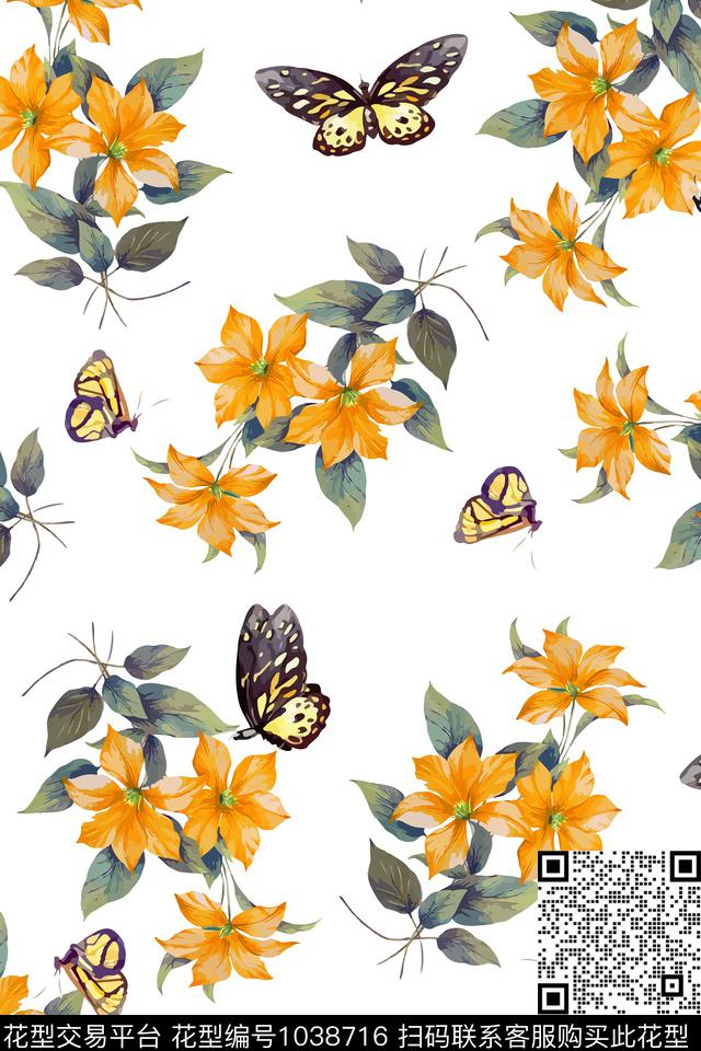 花卉蝴蝶兰复古数码印花华亿平台下载（图片编号: 1038716） - 瓦栏（Walan）