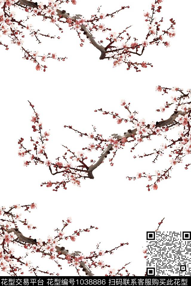 梅花水墨风国画数码印花华亿平台下载（图片编号: 1038886） - 瓦栏（Walan）