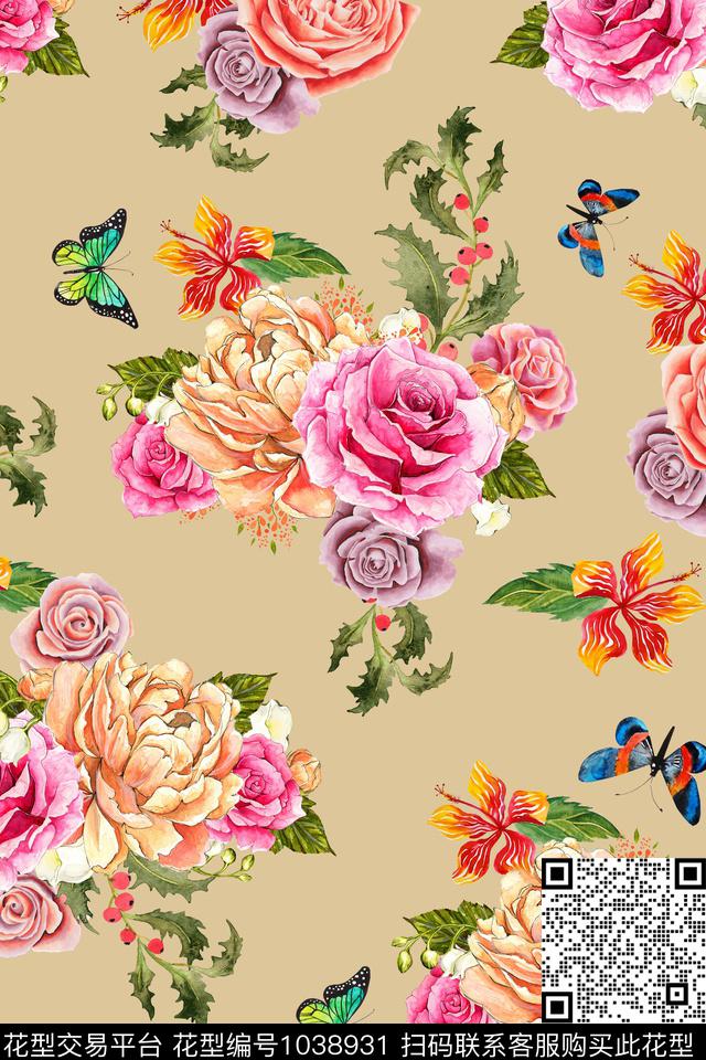 花卉蝴蝶手绘花卉传统印花华亿平台下载（图片编号: 1038931） - 瓦栏（Walan）