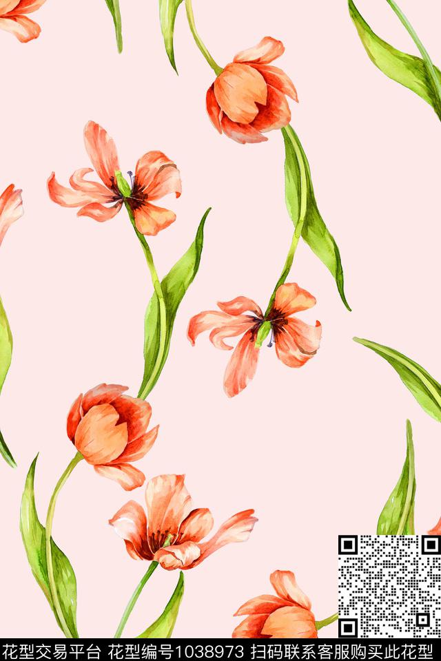 数码华亿平台郁金香手绘花卉数码印花华亿平台下载（图片编号: 1038973） - 瓦栏（Walan）