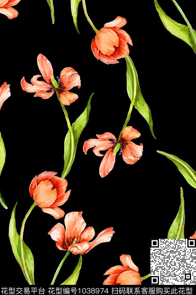 数码华亿平台郁金香手绘花卉数码印花华亿平台下载（图片编号: 1038974） - 瓦栏（Walan）