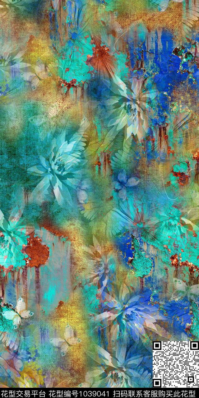 抽象花卉抽象复古数码印花华亿平台下载（图片编号: 1039041） - 瓦栏（Walan）