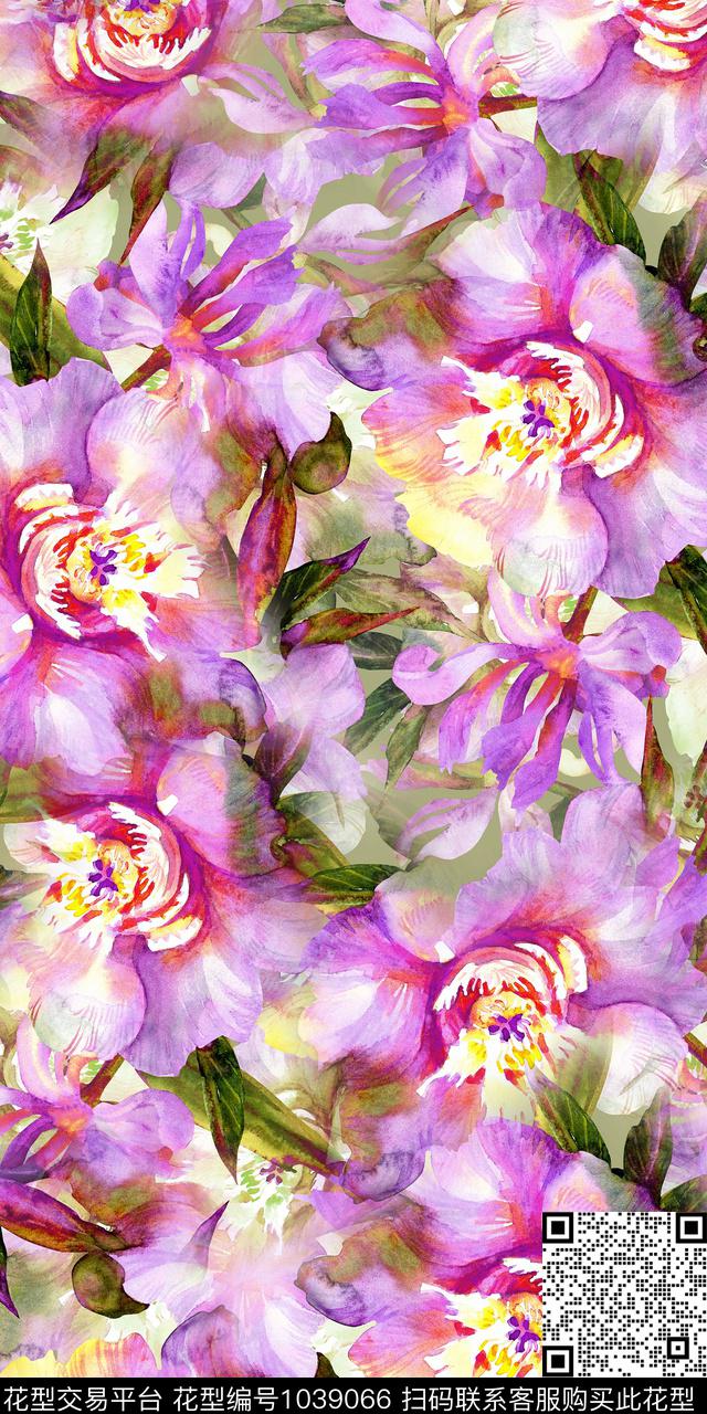 大花抽象花卉手绘花卉数码印花华亿平台下载（图片编号: 1039066） - 瓦栏（Walan）