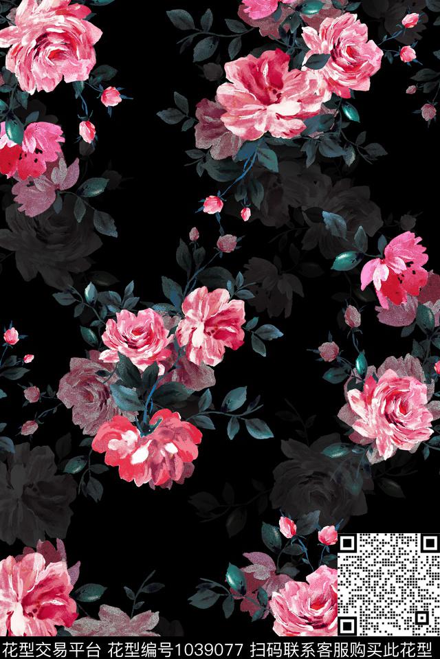 黑底花卉手绘花卉水彩花卉数码印花华亿平台下载（图片编号: 1039077） - 瓦栏（Walan）