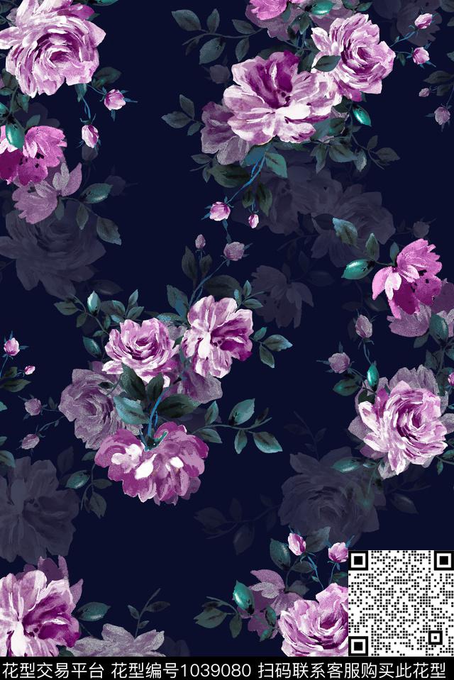 黑底花卉手绘花卉水彩花卉数码印花华亿平台下载（图片编号: 1039080） - 瓦栏（Walan）