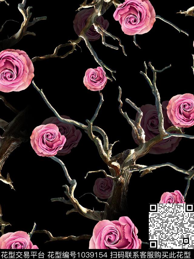 花卉树枝玫瑰花数码印花华亿平台下载（图片编号: 1039154） - 瓦栏（Walan）