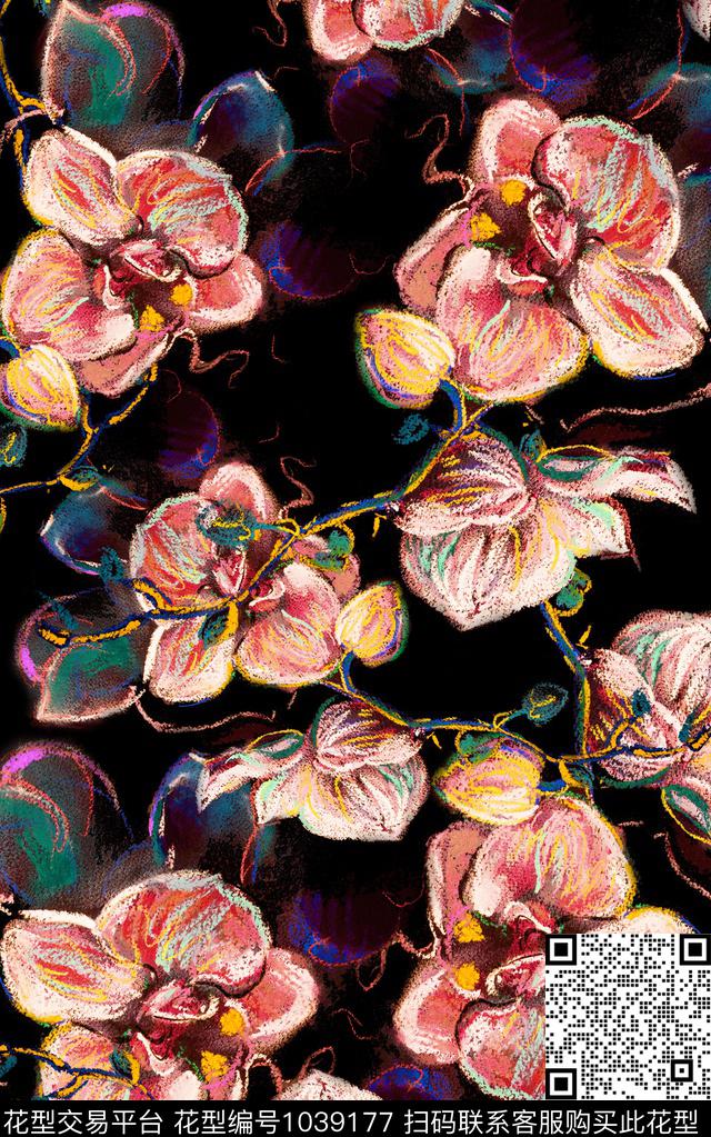 数码华亿平台花卉笔触数码印花华亿平台下载（图片编号: 1039177） - 瓦栏（Walan）