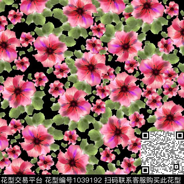 黑底花卉抽象花卉数码印花华亿平台下载（图片编号: 1039192） - 瓦栏（Walan）