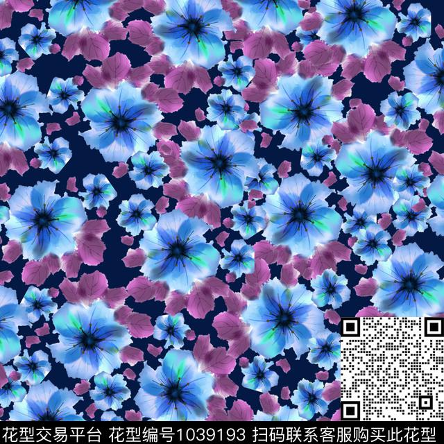 黑底花卉抽象花卉数码印花华亿平台下载（图片编号: 1039193） - 瓦栏（Walan）