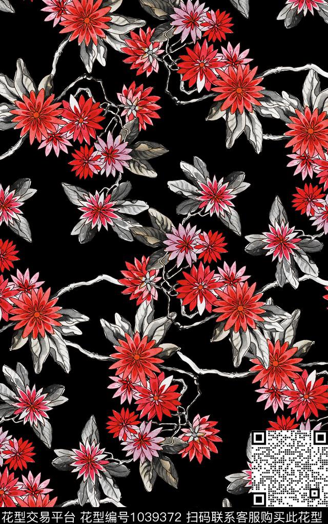水彩花卉花卉黑底花卉数码印花华亿平台下载（图片编号: 1039372） - 瓦栏（Walan）