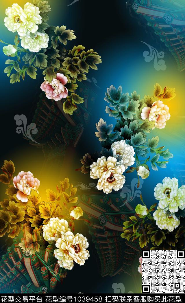 牡丹定位花中国风数码印花华亿平台下载（图片编号: 1039458） - 瓦栏（Walan）