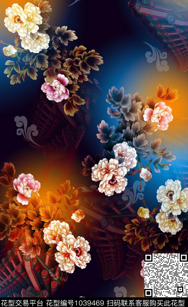 牡丹定位花中国风数码印花华亿平台下载（图片编号: 1039469） - 瓦栏（Walan）
