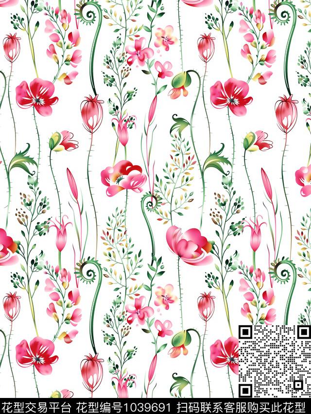 白底花花卉清爽底花卉数码印花华亿平台下载（图片编号: 1039691） - 瓦栏（Walan）