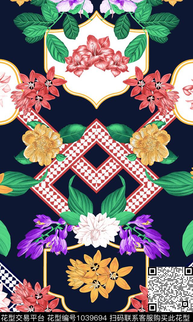 抽象花卉黑底花卉对称花数码印花华亿平台下载（图片编号: 1039694） - 瓦栏（Walan）