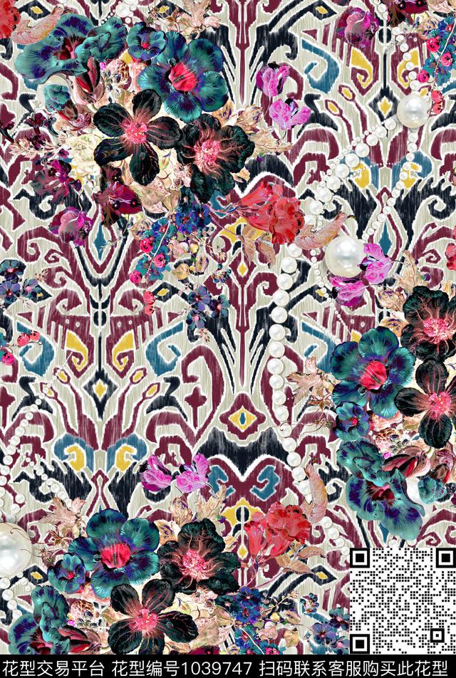 抽象花卉大牌风民族风数码印花华亿平台下载（图片编号: 1039747） - 瓦栏（Walan）