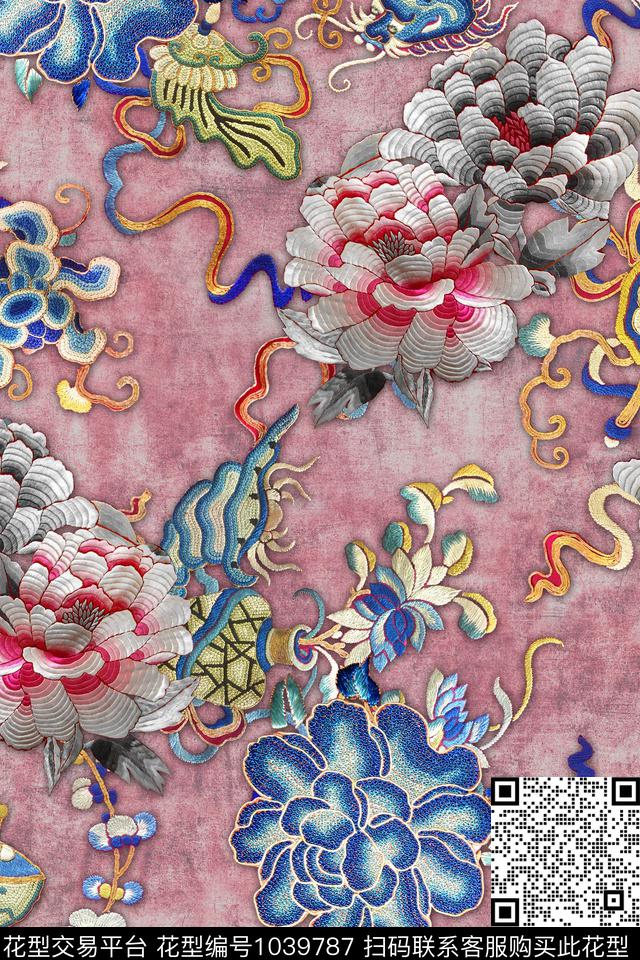 牡丹花卉绣花华亿平台数码印花华亿平台下载（图片编号: 1039787） - 瓦栏（Walan）