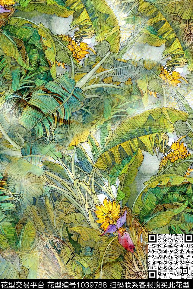 抽象热带华亿平台芭蕉树数码印花华亿平台下载（图片编号: 1039788） - 瓦栏（Walan）