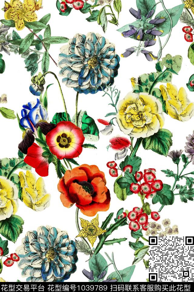 花卉满版散花纯色底数码印花华亿平台下载（图片编号: 1039789） - 瓦栏（Walan）