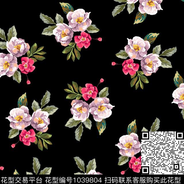 黑底花卉花卉大牌风传统印花华亿平台下载（图片编号: 1039804） - 瓦栏（Walan）